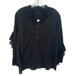 NWT J. Crew Black Ruffle Sleeve Eyelet Lace Blouse Size Large Cotton